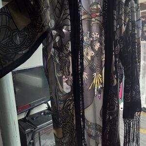 Sheer Bohemian Fringe Kimono - Black & Olive Print